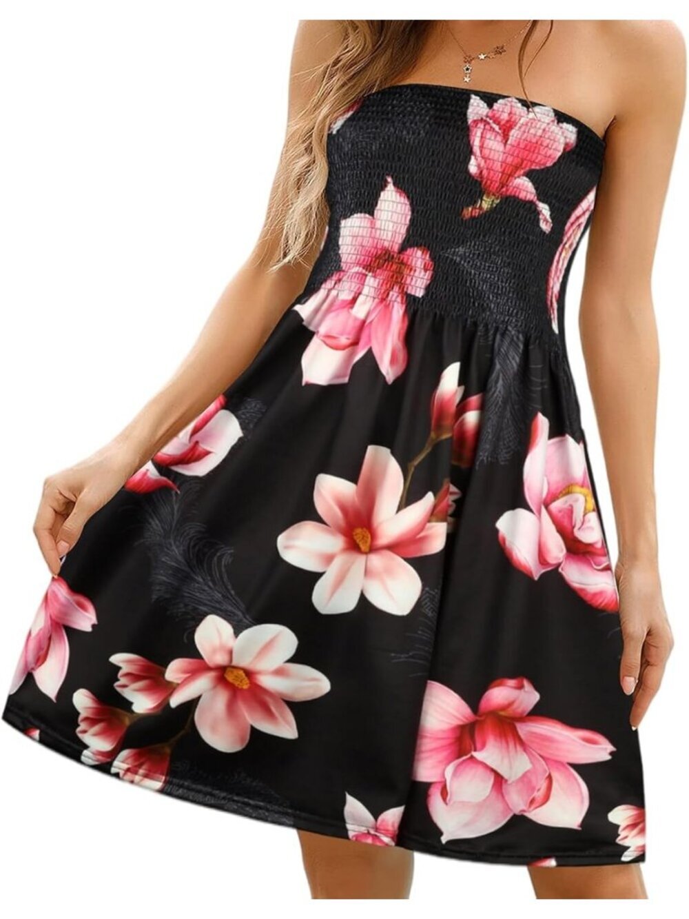 Women's Black Pink Flower Shoulder Strapless Sleeveless Cover Flowy Midi Dress